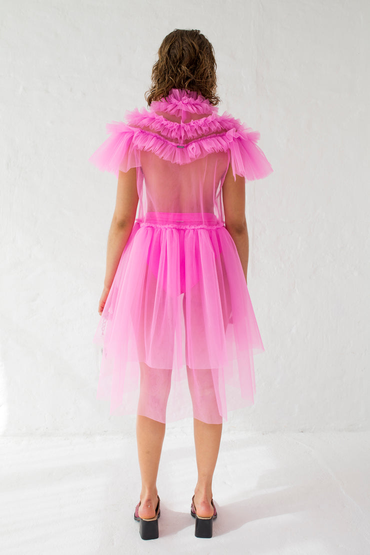 Milky fluo pink dress with victorian high neck, short sleeves and double layered skirt detail