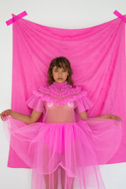 Milky fluo pink dress with victorian high neck, short sleeves and double layered skirt detail 