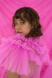 Milky fluo pink dress with victorian high neck, short sleeves and double layered skirt detail