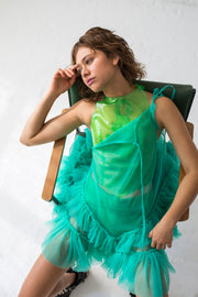 Mini strap A line dress in milk emerald color and double ruffled hemline