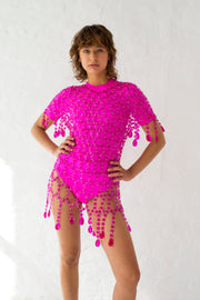 Fuchsia chandelier dress in glass coated and chrome connection rings with V neckline and glass drops around hem