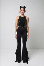 fashion brand BONDY showcasing handmade SERAPHINA  black high waisted side slit flare pants/trousers shown on a size small model, part of the new DREY:MA collection. full body front view