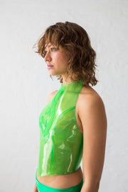 Lime green glitter PVC crop top with high neckline and with karabiner hooks at the back