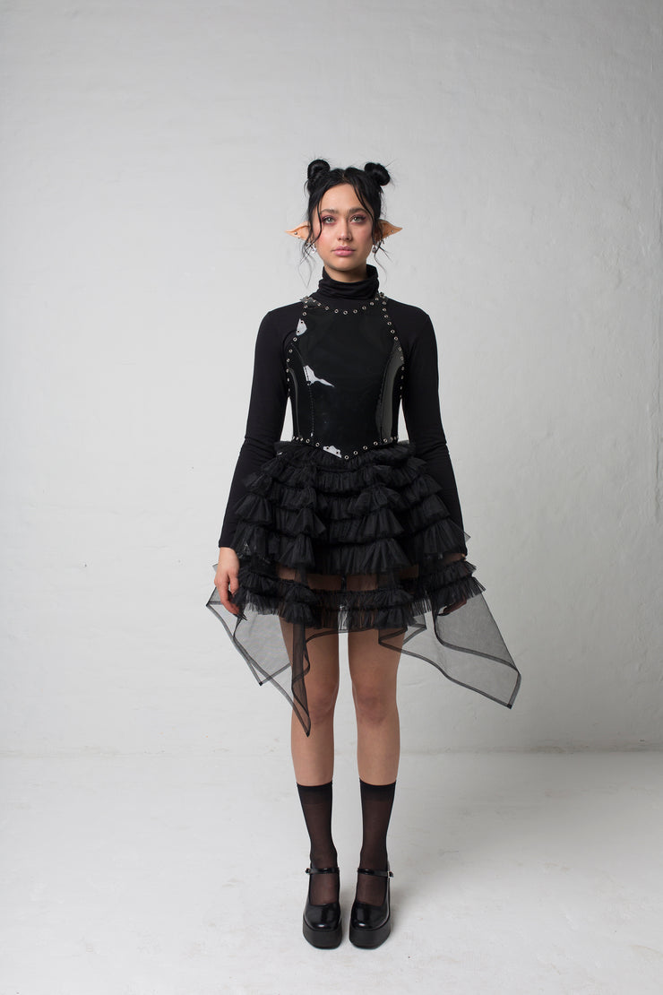 fashion brand BONDY showcasing handmade NERA high waisted double layered black tulle mini skirt with ruffle detail shown on size small model, part of the new collection DREY:MA. full body front view