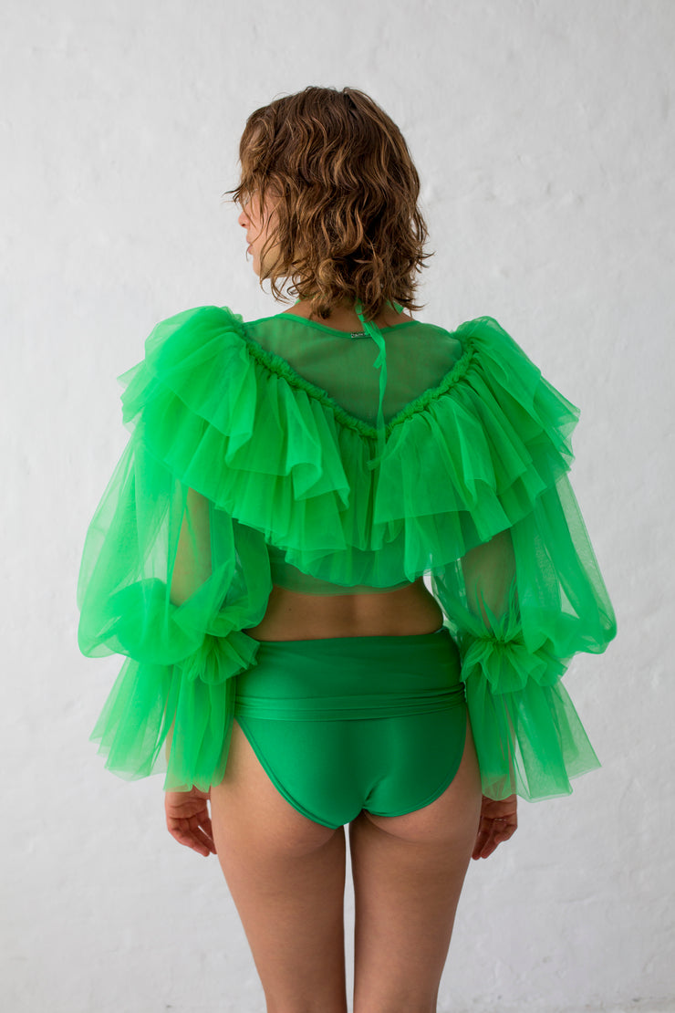 Green tulle crop top with voluminous puffy sleeves with double ruffled shoulders and elastic cuffs 