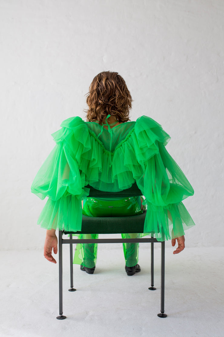 Green tulle crop top with voluminous puffy sleeves with double ruffled shoulders and elastic cuffs 