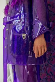 Purple glitter oversized PVC jacket with ostrich feather trim with flap pockets and press buttons in the front