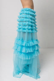 fashion brand BONDY photoshoot showcasing handmade DELPHINE ice blue maxi high waisted, ruffle 100% tulle skirt shown on a size small, part of the new collection DREY:MA. side view