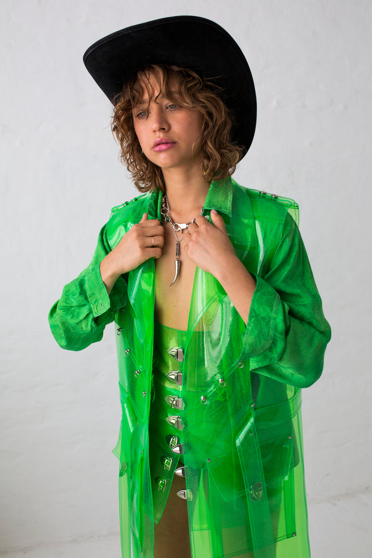 Oversized long waistcoat in lime green glitter with metal details and side slits. Comes with a decorative belt and crocodile embroidery
