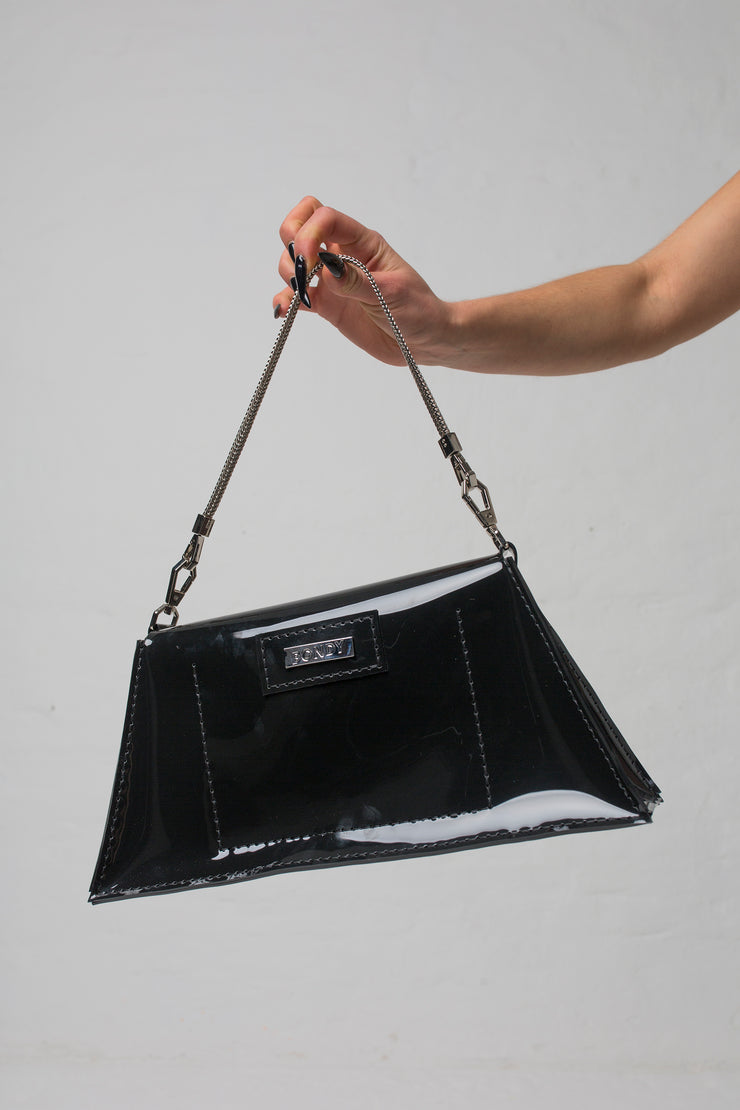 fashion brand BONDY showcasing handmade XENIA black 100% PVC bag with chain shoulder strap, part of the new collection DREY:MA. bag view