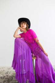 Violet wide leg pants with elastic material, scalloped hemline with extra ruffles