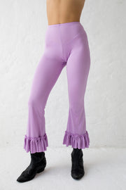 Stretchy lilac pants with ruffled hem and elastic waistband