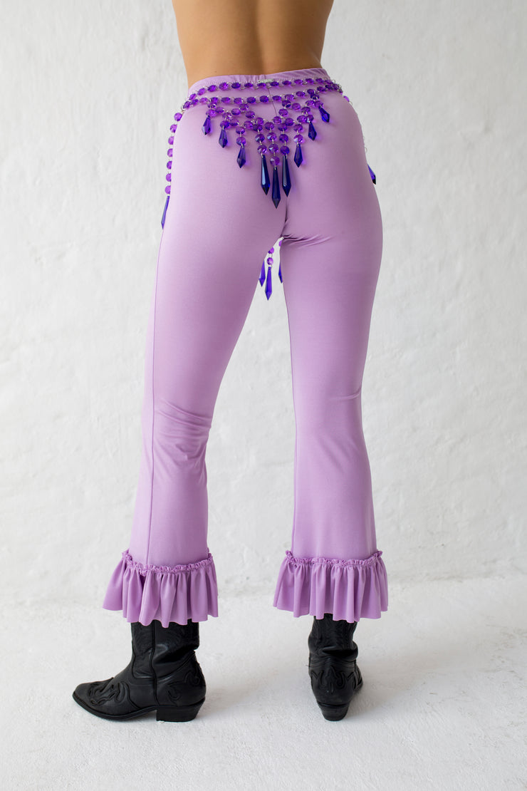 Purple panties belt with icicle shaped hem details and adjustable sides that close with hooks