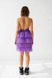 High waisted ruffle skirt in milky purple color, with elastic waistband