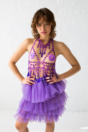High waisted ruffle skirt in milky purple color, with elastic waistband
