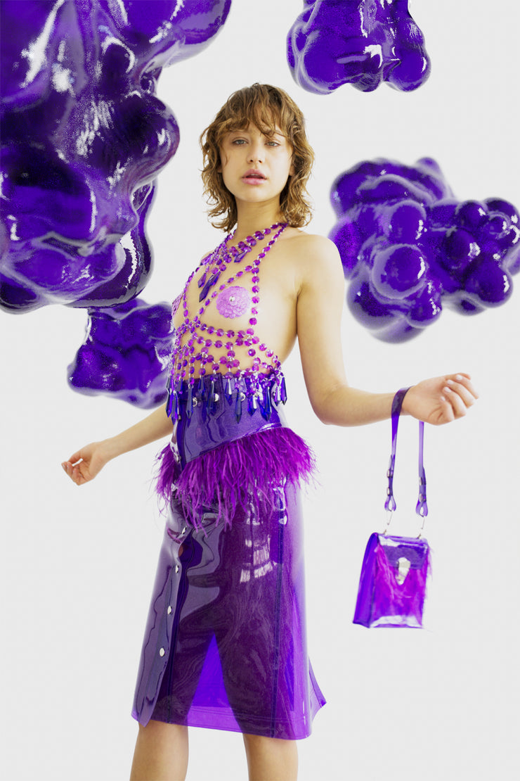 Purple glitter PVC mini bag with ostrich feather trim and contrasting hardware