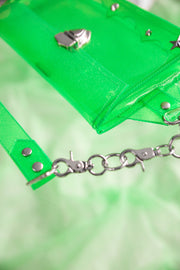 green glitter PVC bum bag with star rivets on the front and flame embroidery