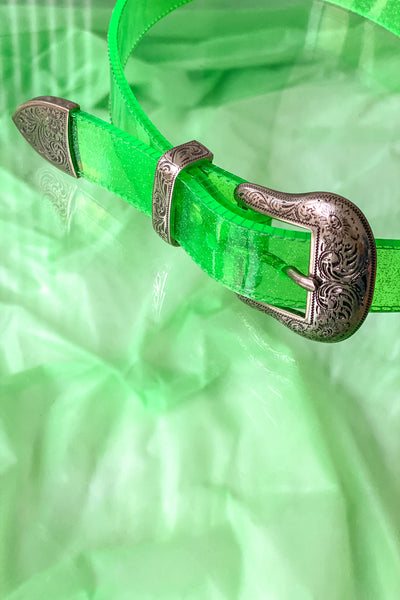 Green glitter PVC belt with 2 front buckles 