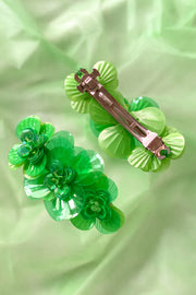 Green hairclip with 3 handmade sequin flowers